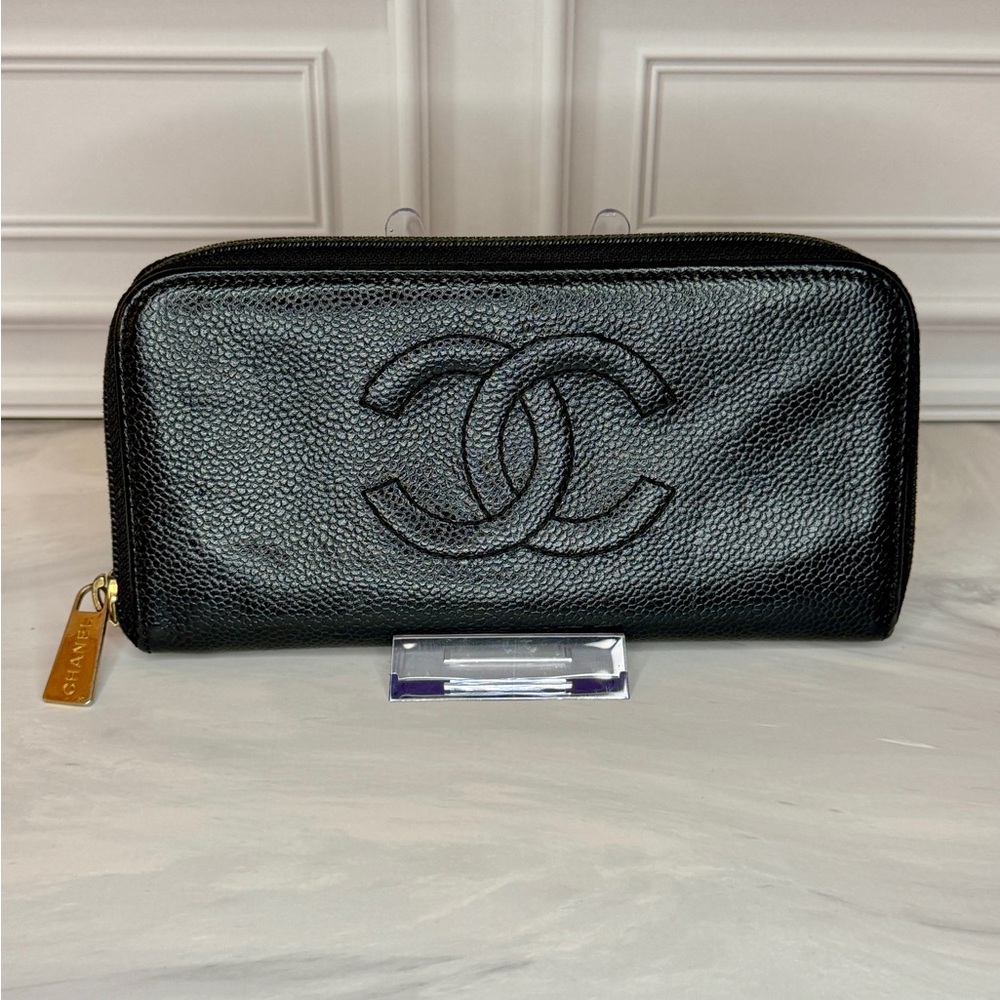 Chanel Black Caviar Leather Zip Around Long Wallet Gold CC Logo